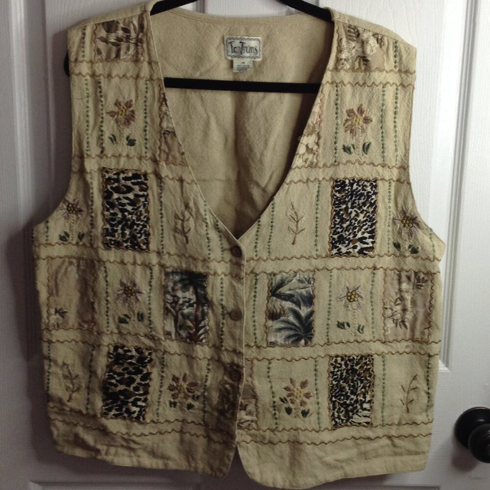 VTG Tantrums 1X 100% cotton Embroidered Vest; Eclectic Granny, Cabincore, Earthy